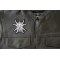 Spider Skull Patch - 3.5x3.4 inch. Embroidered Iron on Patch shown on leather vest