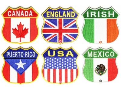 Shield Shaped Embroidered Flags Canada England Irish Mexico Puerto Rico USA Patches