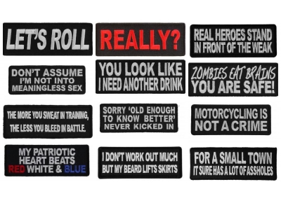 Saying Patches Compilation of 12 Iron on Sew on Funny Emblems for Jackets Vests Caps and Shirts