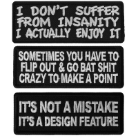 Crazy Sayings Patches Iron-on or Sew-on White Embroidery Black Twill Set of 3