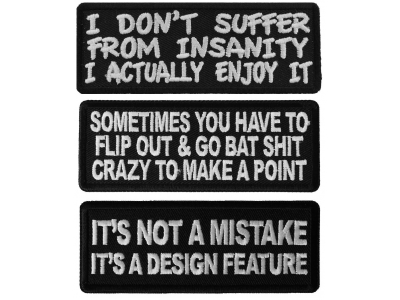 Crazy Sayings Patches Iron-on or Sew-on White Embroidery Black Twill Set of 3