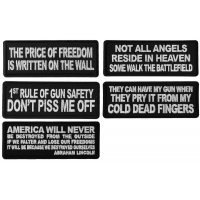 Freedom and Guns Patriotic Warfare Sayings in White over Black Twill Iron-on or Sew-On Embroidered Patches Set of 5