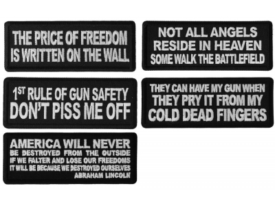Freedom and Guns Patriotic Warfare Sayings in White over Black Twill Iron-on or Sew-On Embroidered Patches Set of 5