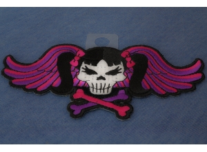 Pigtails Bow Skull And Wings Small Pink Patch | Embroidered Patches