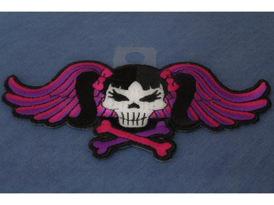 Pigtails Bow Skull And Wings Small Pink Patch | Embroidered Patches