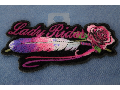 Lady Rider Pink Rose And Feathers Horizontal Small Patch | Embroidered Biker Patches