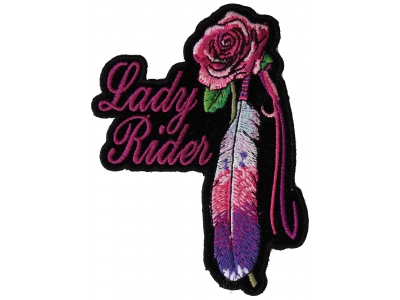 Lady Rider With Purple Rose And Feather Vertical Small Patch | Embroidered Biker Patches