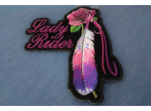 Lady Rider With Purple Rose And Feather Vertical Small Patch | Embroidered Biker Patches