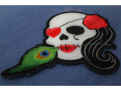 Lady Sugar Skull With Pink Rose And Feather Small Patch