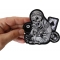 Biker Dude Skull Small Patch In Gray Biker Life Skull 8 Ball Aces and Dice Patch, Biker Skull Patches shown on hand for size comparison
