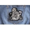 Biker Dude Skull Small Patch In Gray Biker Life Skull 8 Ball Aces and Dice Patch shown on jeans
