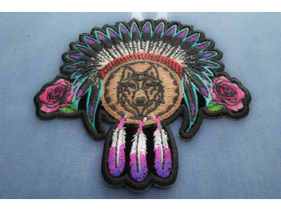 Ladies Native Head Dress Roses and Wolf Patch