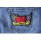 Rockabilly Tattoo heart Blood Sweat and Beers Funny Iron on Patch with Heart and Wings shown on jeans