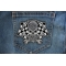 Motocycho 69 Skull, Checkered Flags and Wrenches Patch shown on jeans