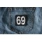 69 Patch Black White Square 69 Patch shown on jeans