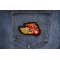 Red Cape Biker on Motorcycle Patch shown on jeans