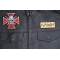 Red Maltese Cross Skull Knight Patch shown on leather vest