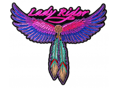 Lady Rider Large Pink Wings And Feather Biker Patch | Embroidered Biker Patches