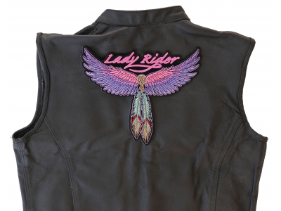 Lady Rider Large Pink Wings And Feather Biker Patch | Embroidered Biker Patches