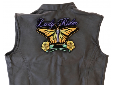 Lady Rider Butterfly And Yellow Roses Large Back Patch | Embroidered Biker Patches