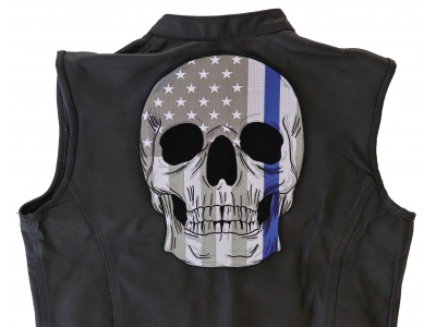 Police Skull US Flag with Blue Line Large Back Patch
