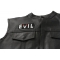 Evil Patch With Devil Horns - 3x1.5 inch. Embroidered Iron on Patch shown on leather vest