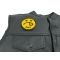 Shit Smiley Face Patch - 3x3 inch. Embroidered Iron on Patch shown on leather vest