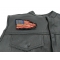Tattered US American Flag Patch Small - 4x3 inch. Embroidered Iron on Patch shown on leather vest