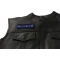 Thin Blue Line Proud Mom Patch - 4x1.5 inch. Embroidered Iron on Patch shown on leather vest