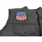 USA Shield Flag Patch - 2.75x2.75 inch. Embroidered Iron on Patch shown on leather vest