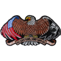 Patriotic eagle, wings spread out wide, American flag tattooed on the left, POW MIA flag on the right  