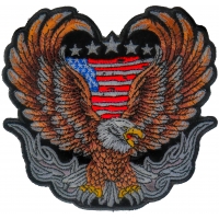 Up-winged biker eagle, with a portion of the American flag behind it