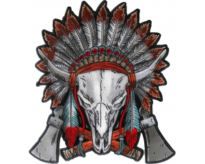 Buffalo skull wearing a head dress and feather hanging from it's horns, crossed axes at the bottom