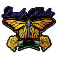 Lady Rider Butterfly And Yellow Roses Large Back Patch | Embroidered Biker Patches