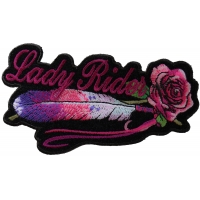 Lady Rider Pink Rose And Feathers Horizontal Small Patch | Embroidered Biker Patches