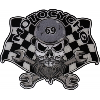 Motocycho- Bearded and helmeted skull sitting on crossed wrenches with a racing flag in the background,  Large Biker Back Patch
