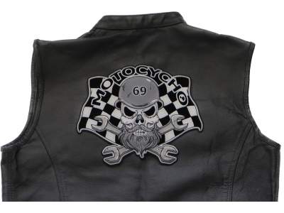 Motocycho- Bearded and helmeted skull sitting on crossed wrenches with a racing flag in the background,  Large Biker Back Patch