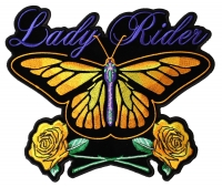 Lady Rider Butterfly And Yellow Roses Large Back Patch | Embroidered Biker Patches