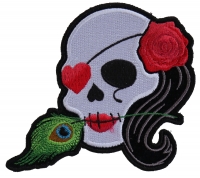Lady Sugar Skull With Pink Rose And Feather Small Patch