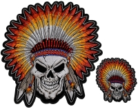Native Indian Head Dress Skull 2 Piece Front And Back Embroidered Patch Set Native Indian Head Dress Skull 2 Piece Front And Back Embroidered Patch Set