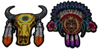 Set of 2 Native Design Wolf and Buffalo Patches with Feathers Set of 2 Native Design Wolf and Buffalo Patches with Feathers