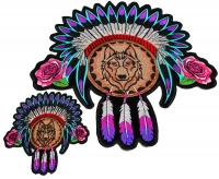 Set of 2 Small and Large Wolf with Indian Head Dress and Pink Flowers and Feathers Patches Set of 2 Small and Large Wolf with Indian Head Dress and Pink Flowers and Feathers Patches