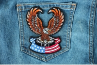 Patriotic Eagle with pistons resting above American flag templated base small iron on biker patch Patriotic Eagle with pistons small iron on biker and flag patch