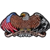 Patriotic eagle, wings spread out wide, American flag tattooed on the left, POW MIA flag on the right  