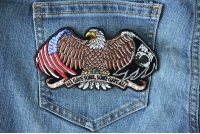 Wide winged Eagle Patch with All Gave Some and Some Gave All POW MIA Patriotic eagle, wings spread out wide, American flag tattooed on the left, POW MIA flag on the right