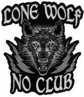 Lone Wolf at the top, No club at the bottom, open mouthed wolf in the middle
