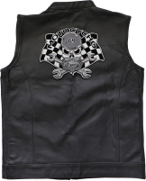Motocycho- Bearded and helmeted skull sitting on crossed wrenches with a racing flag in the background,  Large Biker Back Patch