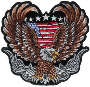Up-winged biker eagle, with a portion of the American flag behind it