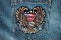 Patriotic Biker Eagle Embroidered Patch Up-winged biker eagle, with a portion of the American flag behind it