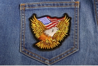 Gold Eagle Patriotic Iron on Patch With US Flag Small Gold Eagle Patch With US Flag Small | Embroidered Biker Patches